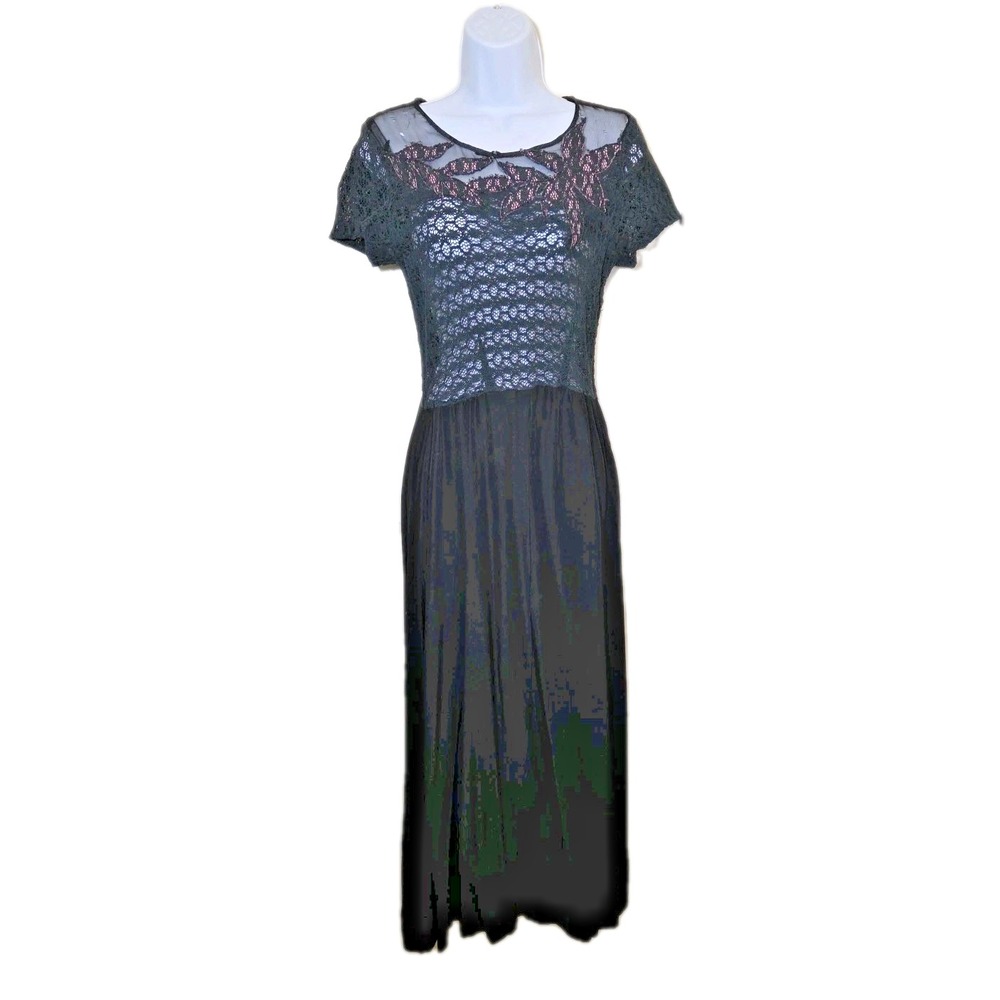 Vtg 1950s Black Lace Crochet Top Evening Dress Side Zip Applique Handmade FLAWS